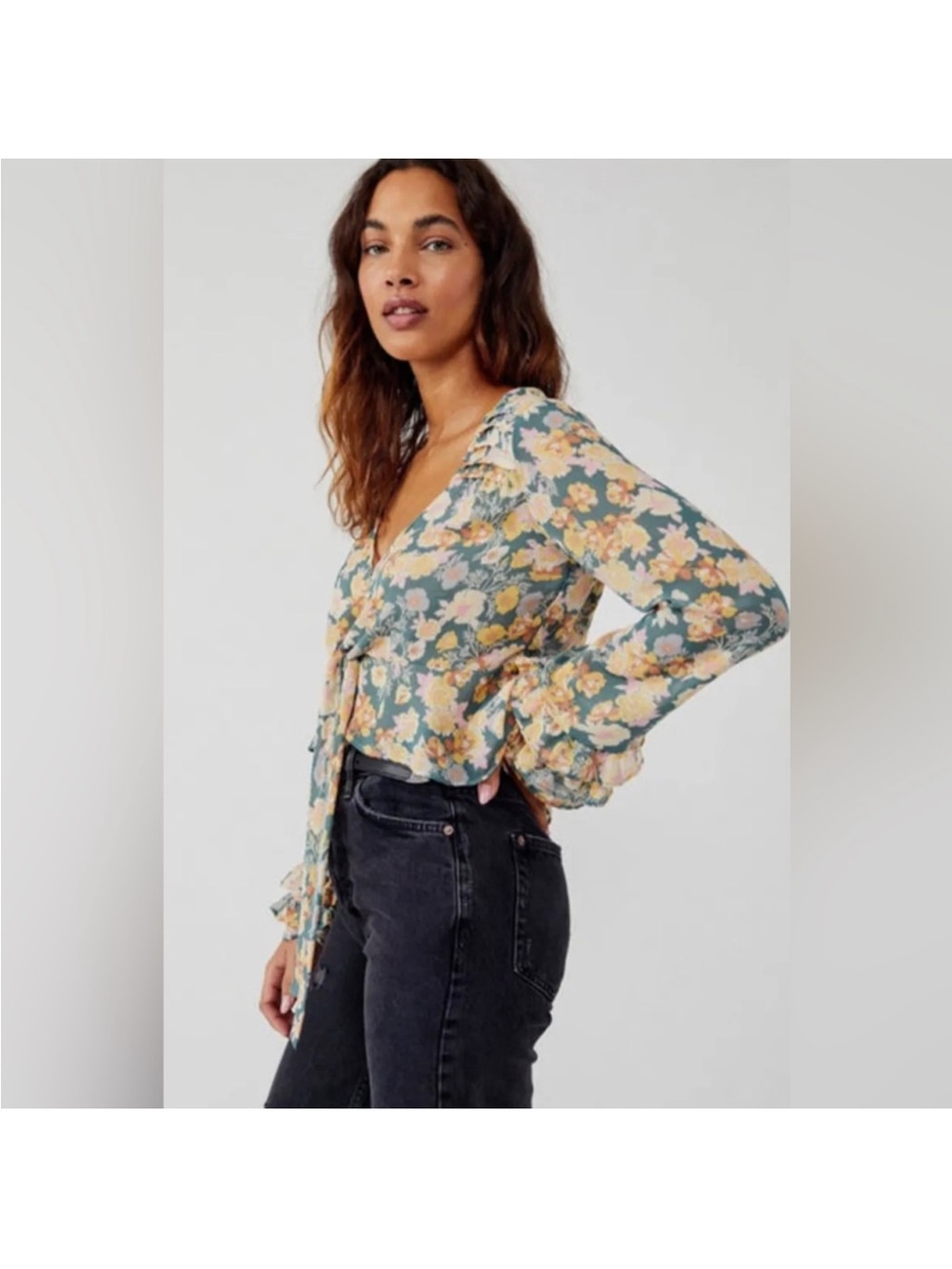 Free People Maybel Blouse Green Floral Ruffle Tie-Front Top Pink & Yellow Blooms - Picture 3 of 15